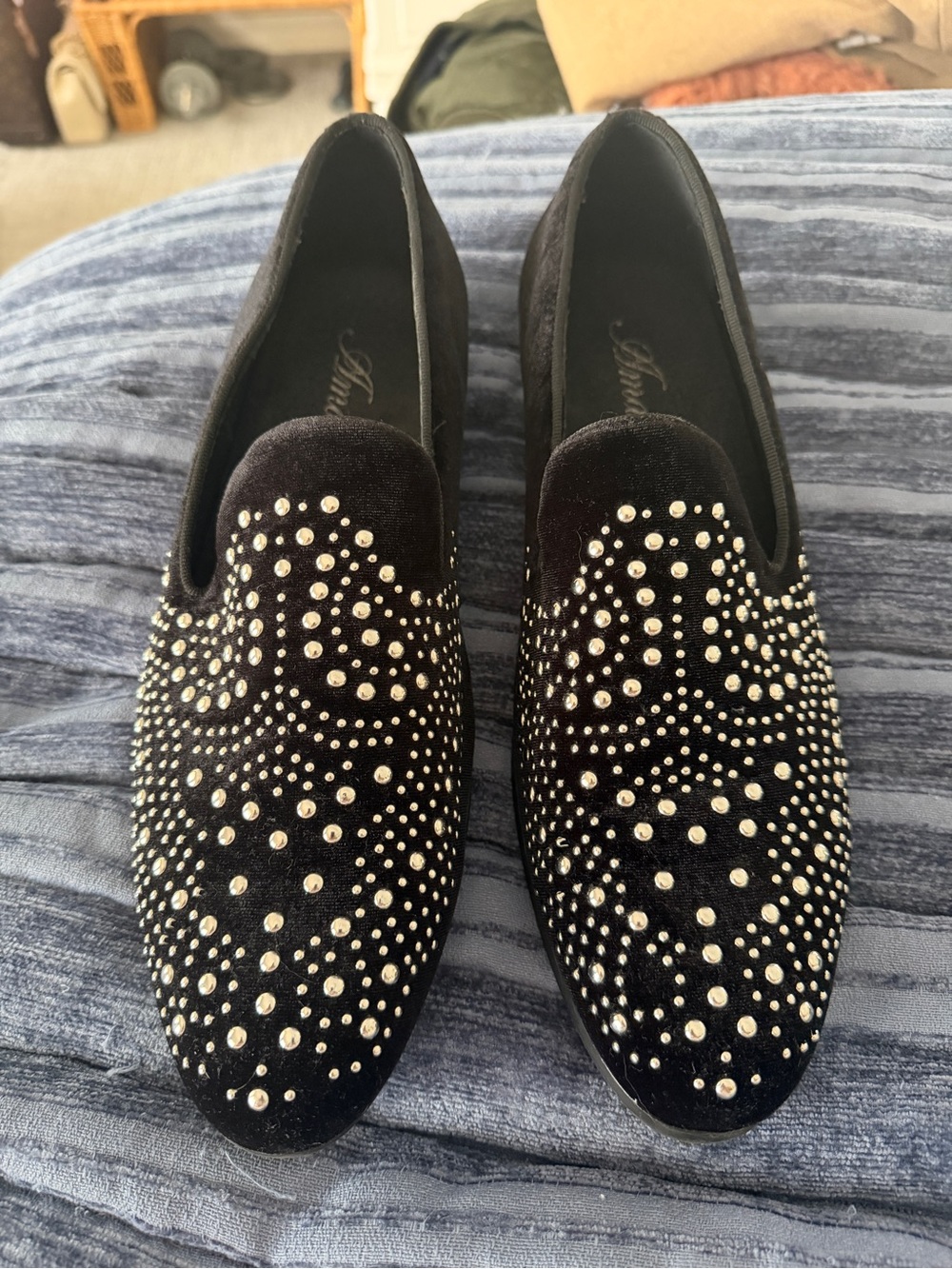 Amali Men’s Black Velvet Studded Men's Loafers size 12